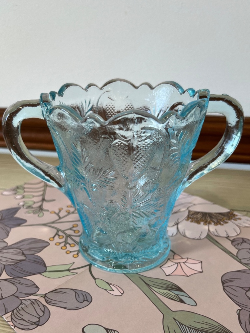 Mosser Glass Spooner Vase Strawberries Pattern Ice Blue